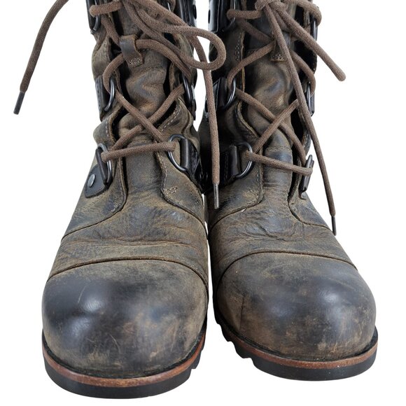 Sorel Joan of Arctic Brown Leather Internal Wedge Boots Size 9 Distressed - Picture 2 of 16